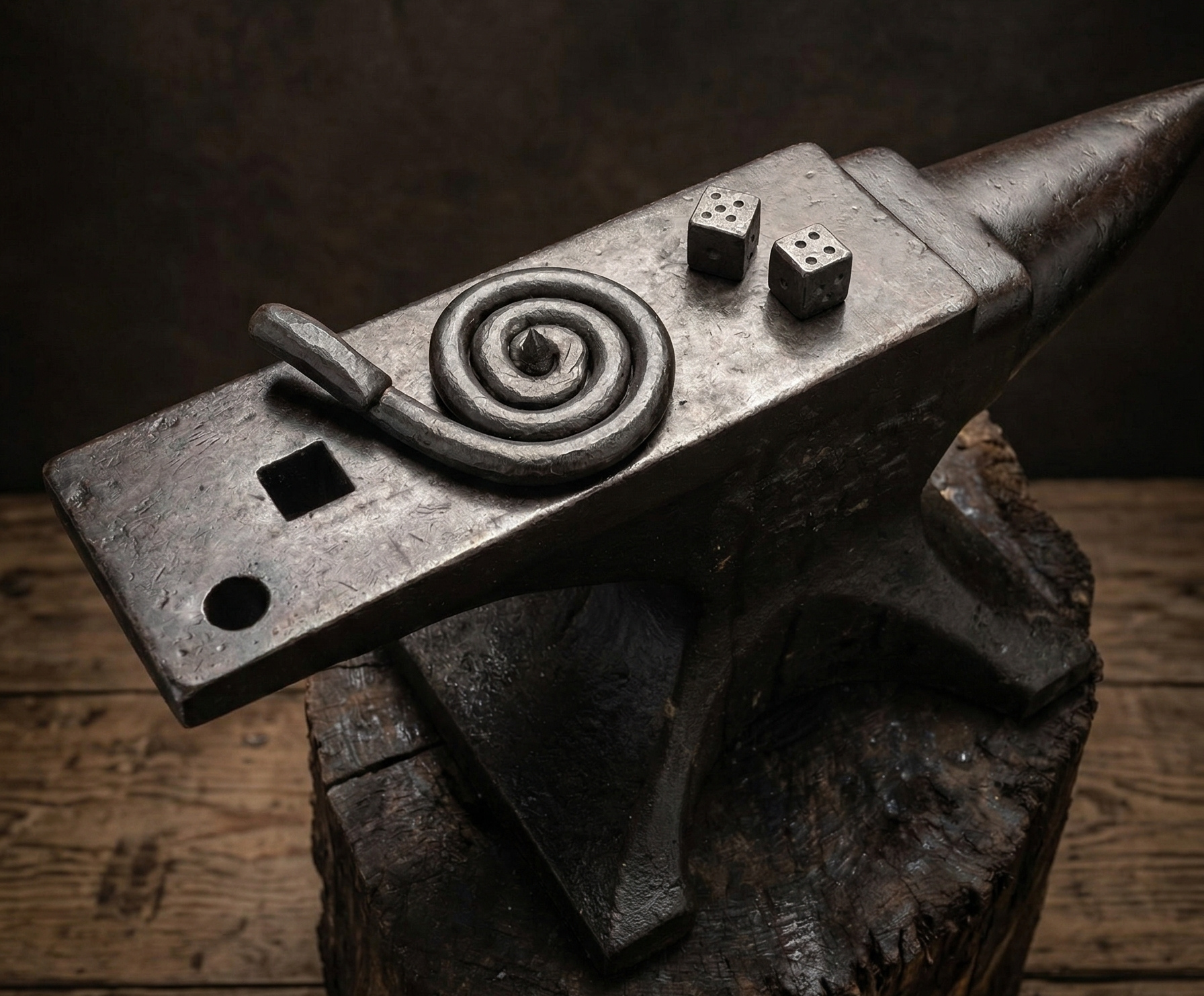 Anvil with forged dice on dark background