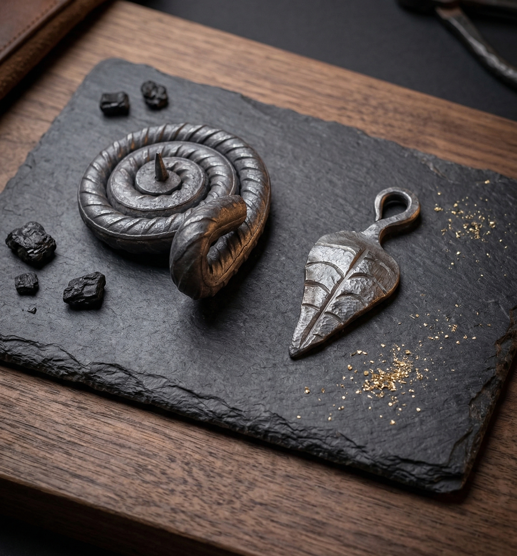 Hand-forged spiral candle holder and iron leaf pendant on slate