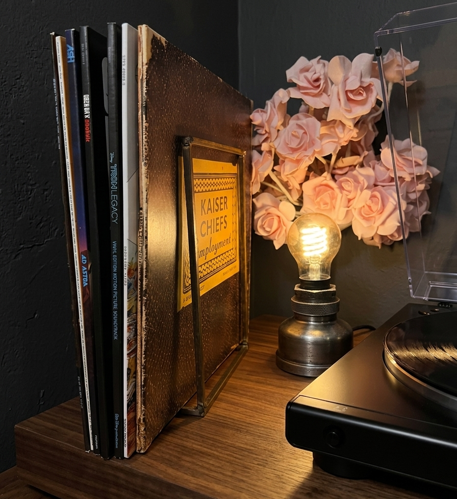 Iron record holder holding vinyl records with warm ambient lighting