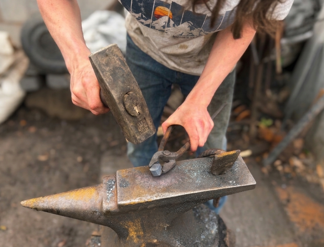 Zach Etheridge shaping hot iron on an anvil